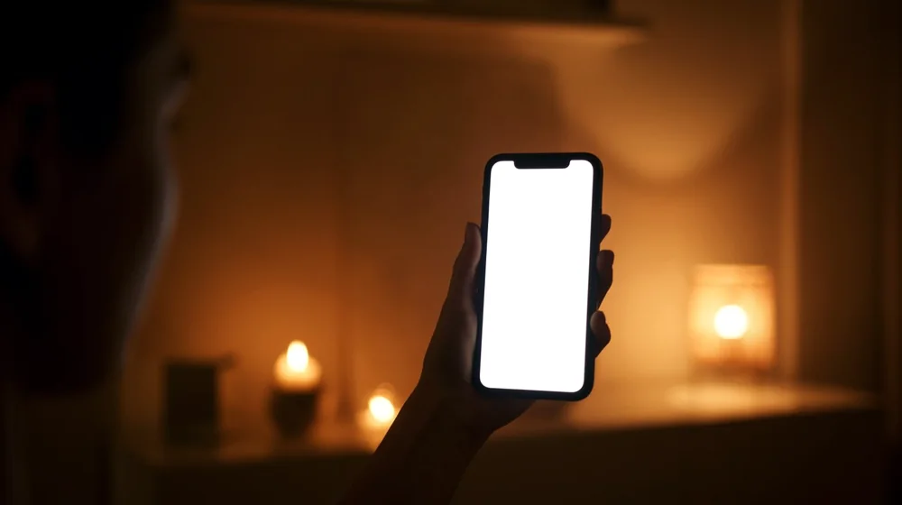 Person strømmer nordic iptv på mobilen i et lunt, mørkt rom med levende lys