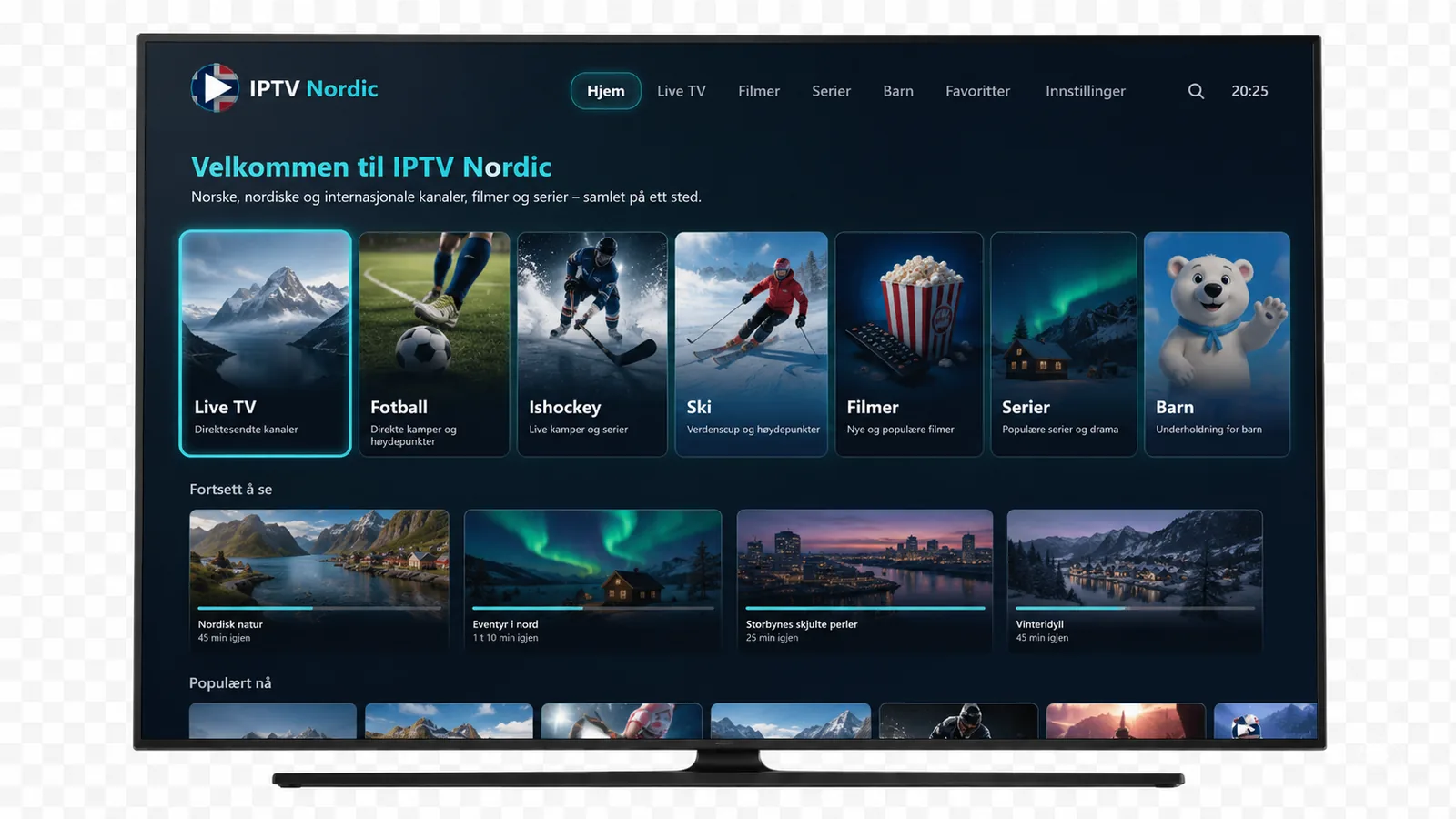 Smart iptv med norsk grensesnitt på en Smart TV, med kategorier for sport, film og barn