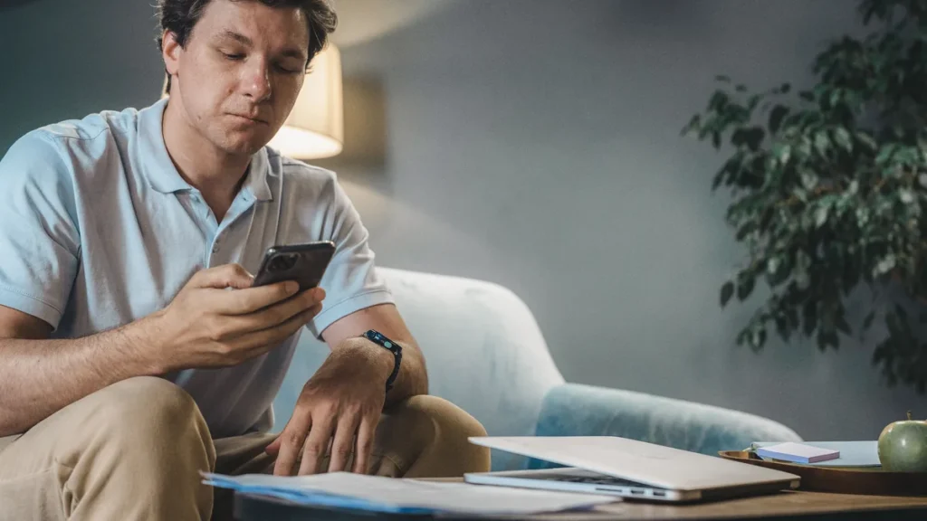 Mann leser vilkår på mobilen i godstolen om kvelden