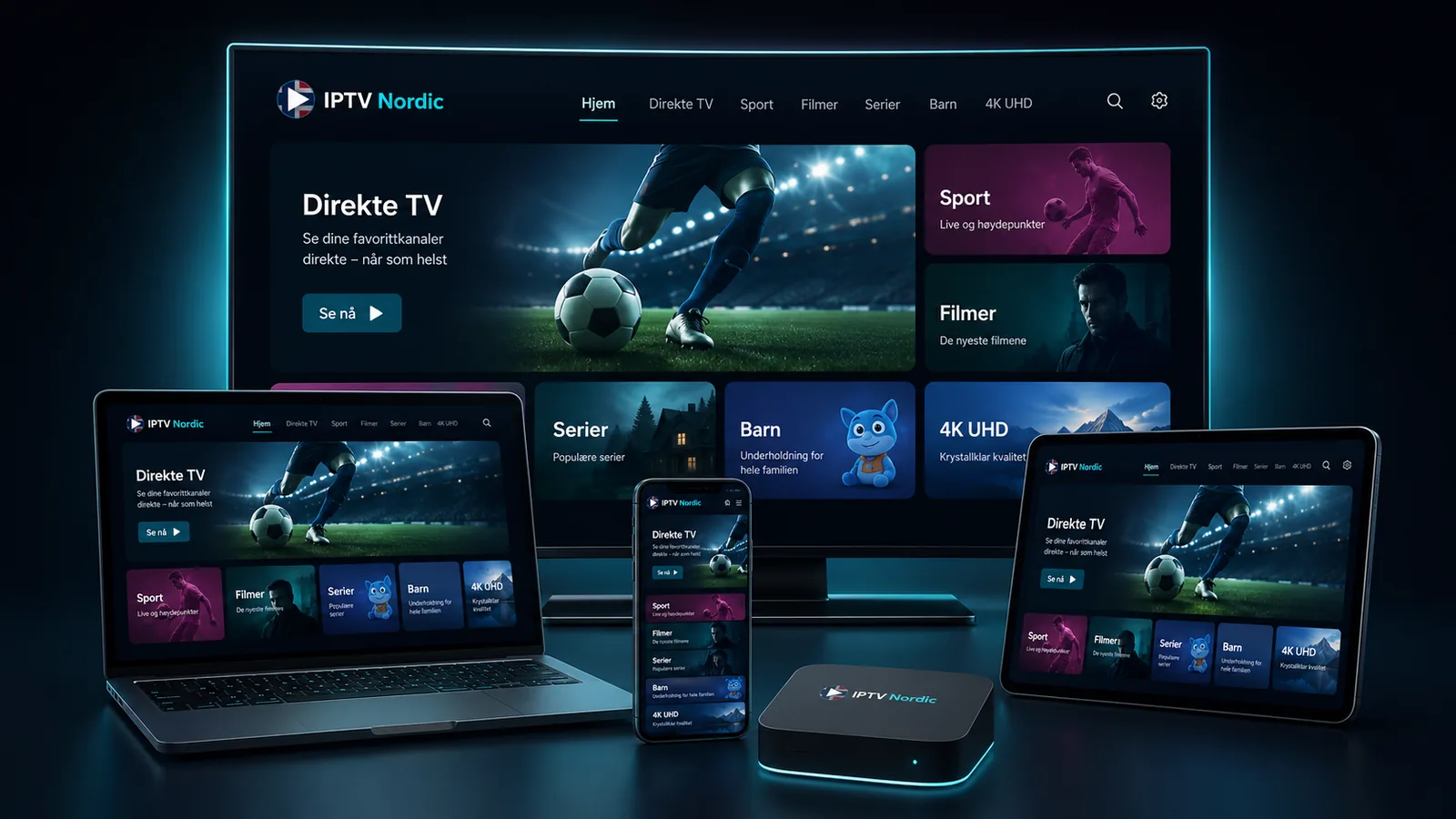 Strømmetjeneste på Smart TV, laptop, mobil og nettbrett samtidig med norsk grensesnitt