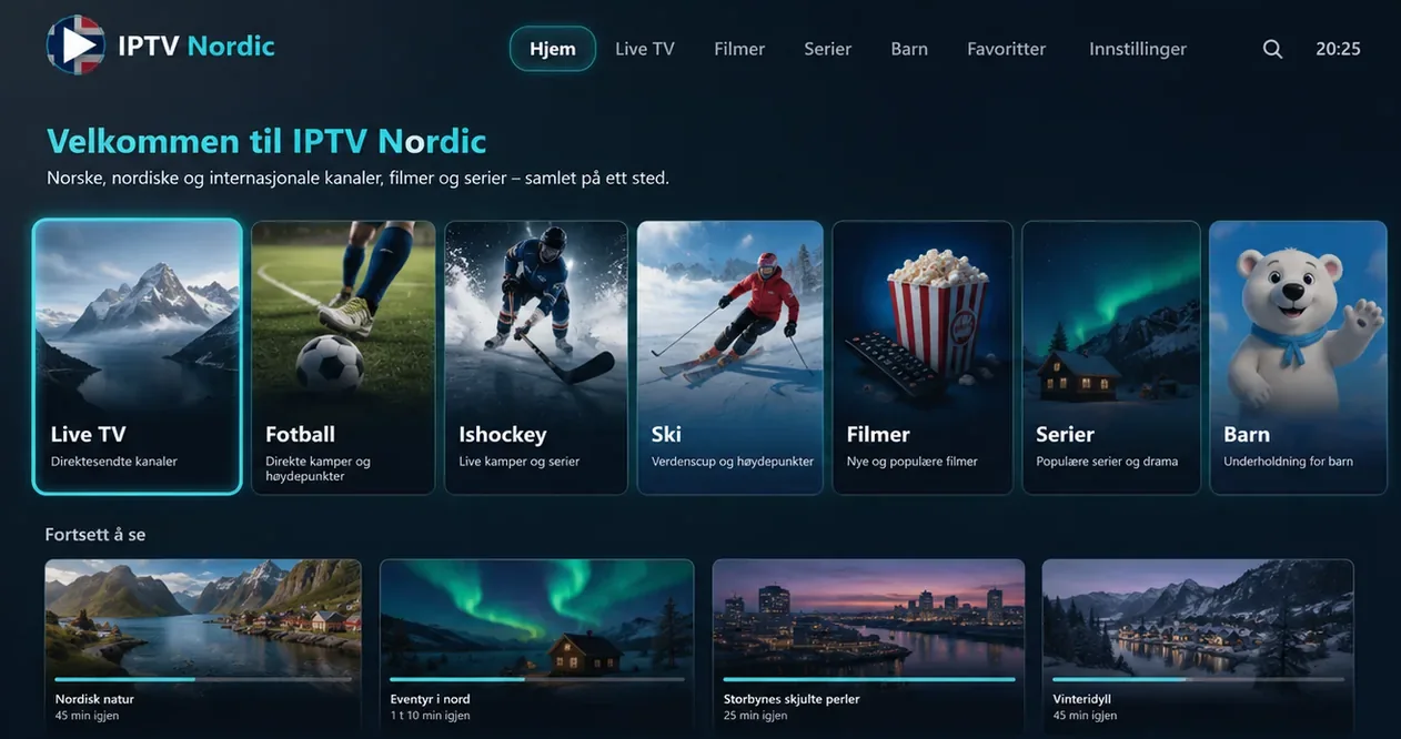 Nordic iptv-grensesnittet med norske kategorier for live-TV, sport, film, serier og barn