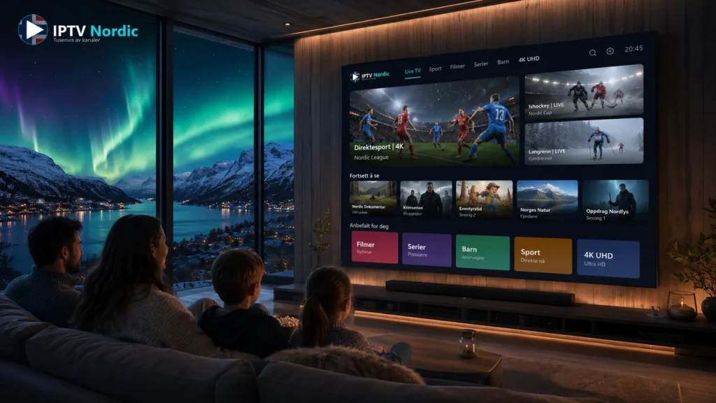 Familie ser nordic iptv i en mørk stue med nordlys og fjord utenfor vinduet