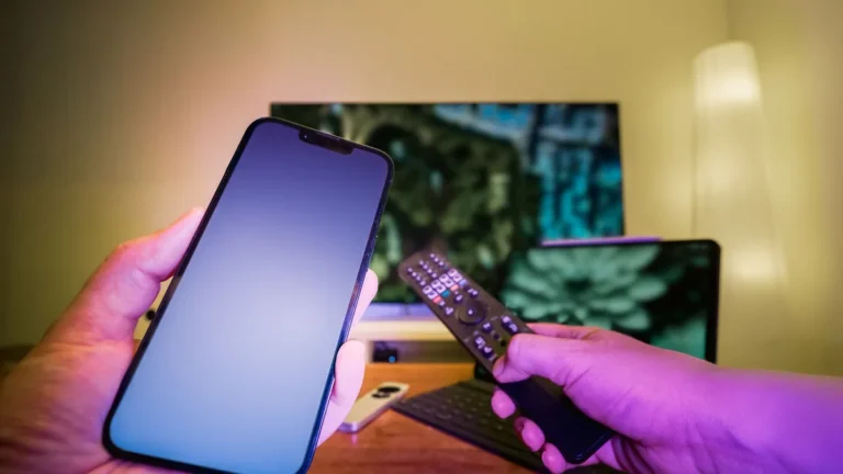Bruker sjekker iptv-app på mobilen med fjernkontroll foran smart tv