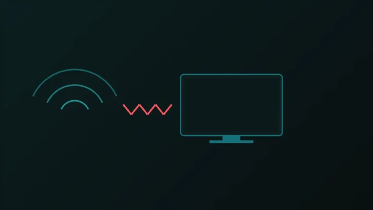 Strektegning der signalbuene brytes av en sikksakk før de når en tom TV-skjerm: iptv virker ikke