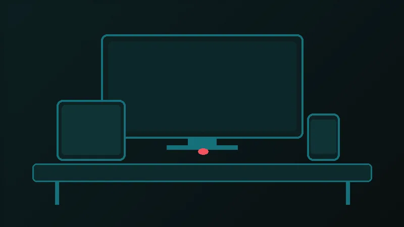 Tegning av en stue med Smart TV, mobil og nettbrett ved siden av hverandre: iptv i Norge på flere enheter